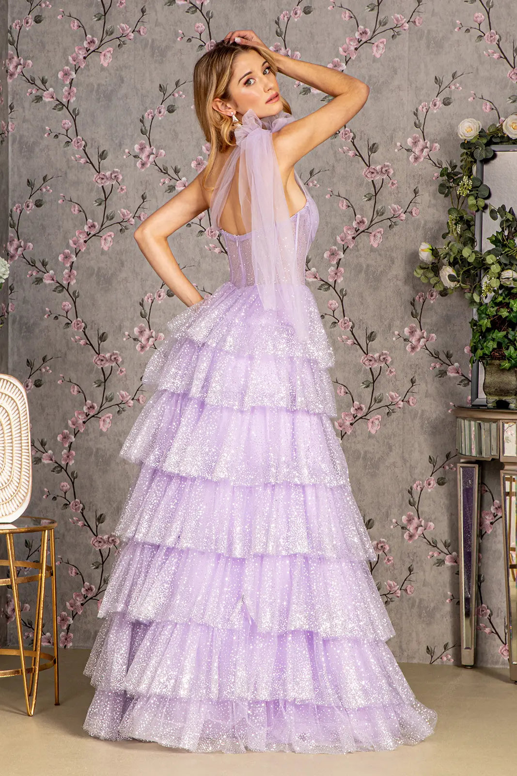 Glitter sheer bodice ribbon straps ruffled skirt mesh a line long dress GLGL3454