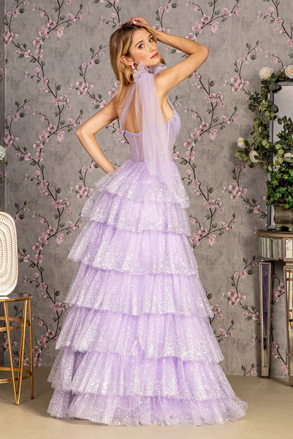 Glitter sheer bodice ribbon straps ruffled skirt mesh a line long dress GLGL3454