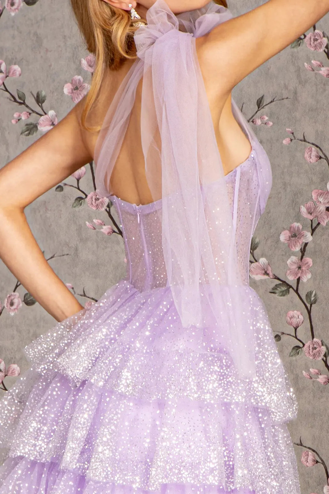 Glitter sheer bodice ribbon straps ruffled skirt mesh a line long dress GLGL3454